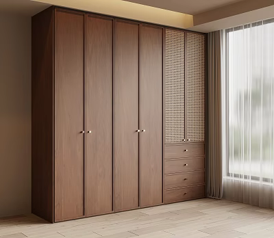 Modern Wooden Wardrobe With Hinged Doors Metal Handles Rattan Panel And Drawers 3d model