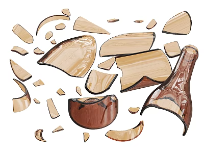 Broken Wine Bottle And Glass With Multiple Scattered Shattered Fragments 3d model