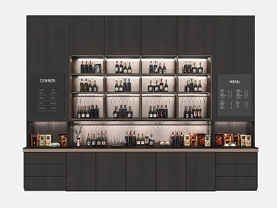 Modern Dark Wood Wine Cabinet With Neatly Arranged Shelves And Wine Bottles 3d model