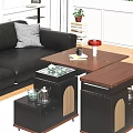 Modern Coffee Table With Storage Shelf And Black Leather Sofa In Living Room Interior