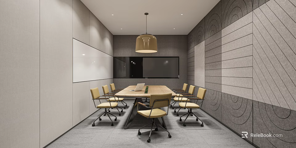 Modern Conference Room Interior Design With Wooden Table Chairs Pendant Light And Large Screen 3d model 
