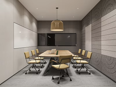 Modern Conference Room Interior Design With Wooden Table Chairs Pendant Light And Large Screen 3d model