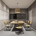 Modern Conference Room Interior Design With Wooden Table Chairs Pendant Light And Large Screen