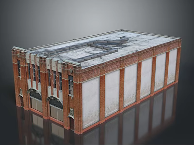Red Brick Industrial Building With White Walls Flat Roof And Arched Design 3d model