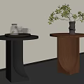 Modern Side Tables With Round Tops Curved Bases Glass Jar Teacups Tray Vase And Plant