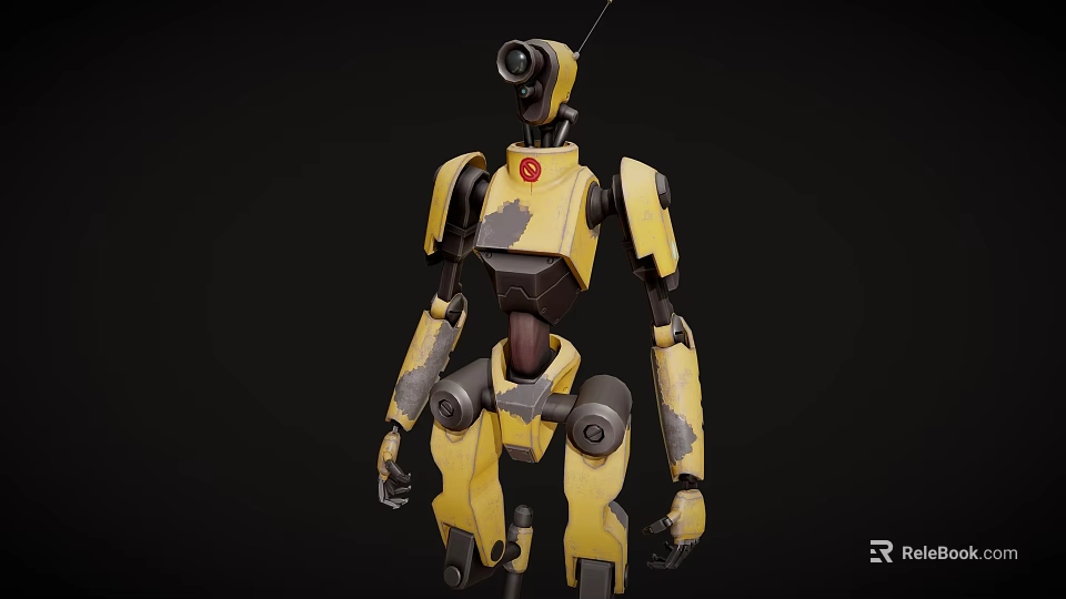 Yellow Robot Character With Camera Eye Worn Marks And Red Logo Details 3d model