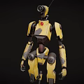 Yellow Robot Character With Camera Eye Worn Marks And Red Logo Details 3d model