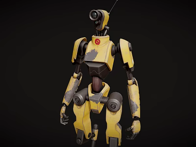 Yellow Robot Character With Camera Eye Worn Marks And Red Logo Details 3d model