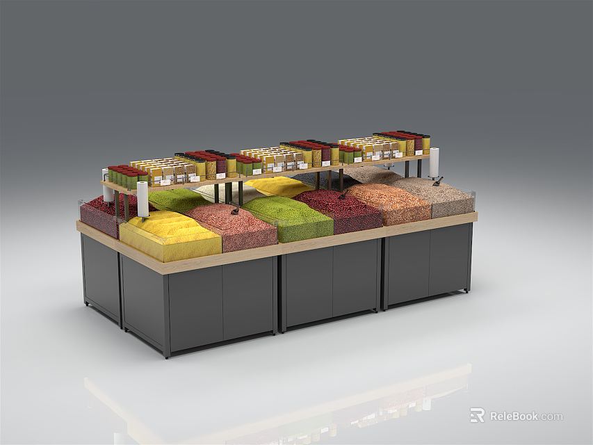 Multi Tiered Display Shelves for Displaying Colorful Goods with Base Cabinets in Retail Store 3d model 