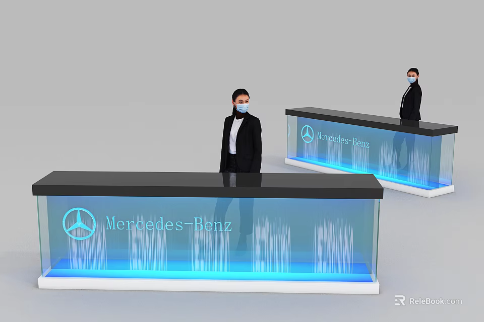 Stylish Mercedes-Benz Reception Desk With Blue Illuminated Design And Professional Staff 3d model 