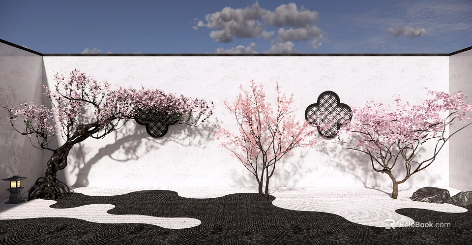 Garden Plant Combination With Pink Blossom Trees White Wall Black Lattice And Stone Ground 3d model 