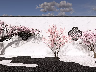 Garden Plant Combination With Pink Blossom Trees White Wall Black Lattice And Stone Ground 3d model