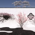 Garden Plant Combination With Pink Blossom Trees White Wall Black Lattice And Stone Ground