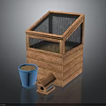 Small Animals Habitat With Wooden Cage Mesh Windows Blue Flower Pot And Small Wooden House