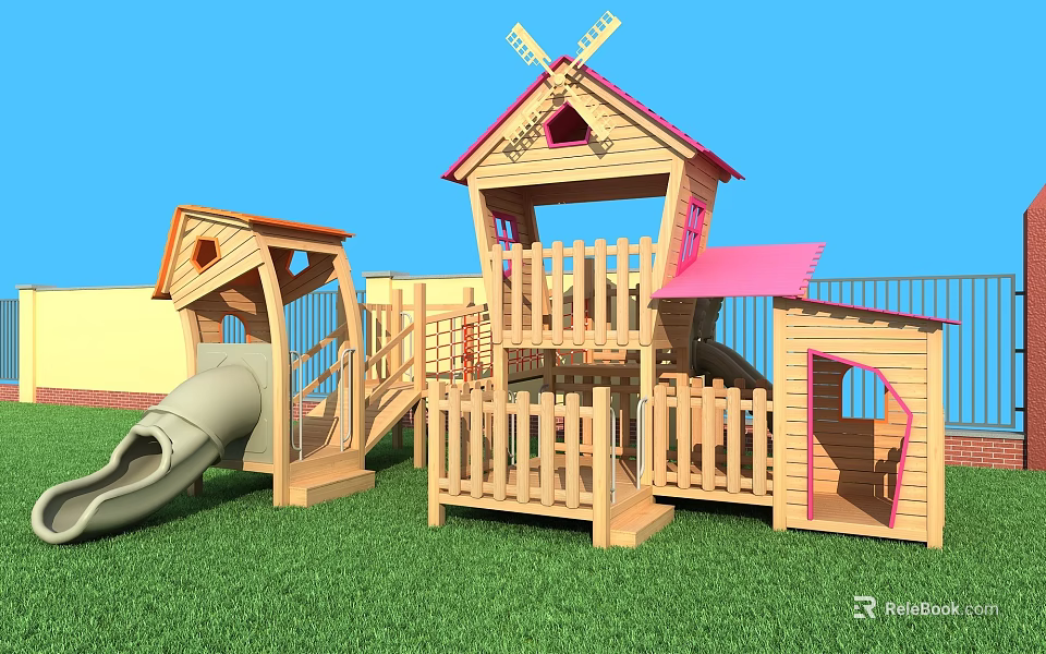 Outdoor Wooden Playground Equipment With Slide Windmill Playhouse Fence On Green Grass 3d model 