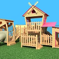 Outdoor Wooden Playground Equipment With Slide Windmill Playhouse Fence On Green Grass