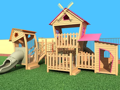 Outdoor Wooden Playground Equipment With Slide Windmill Playhouse Fence On Green Grass 3d model