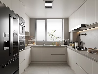 Modern Kitchen Interior With White Cabinets Black Appliances Window Blinds Sink And Potted Plant 3d model