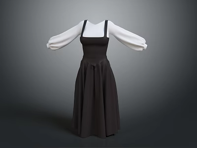 Vintage Black Pinafore Dress Featuring White Long Puffed Sleeves And A line Silhouette 3d model