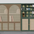 Green Bookshelf With Arched Rattan Doors And Open Shelves Featuring Potted Plant And Books
