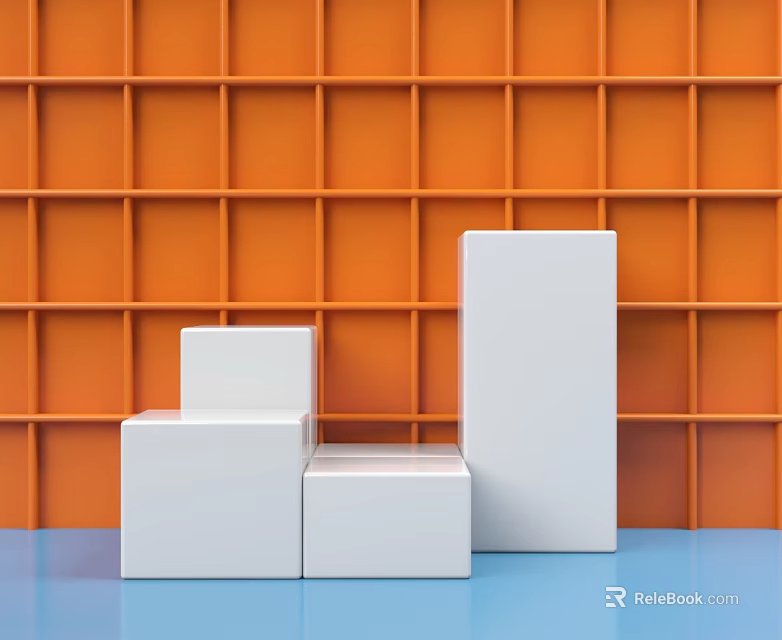 White Hinged Door Design with Orange Grid Wall and Blue Floor Background 3d model 