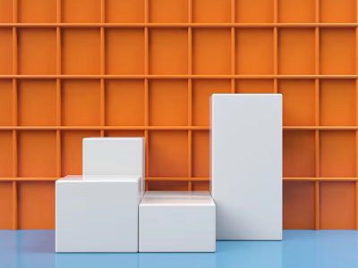 White Hinged Door Design with Orange Grid Wall and Blue Floor Background 3d model