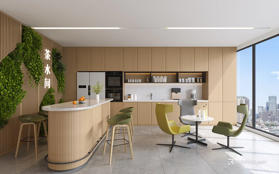 Modern Break Room Interior With Wooden Cabinets Green Plant Wall And Bar Counter 3d model 