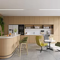 Modern Break Room Interior With Wooden Cabinets Green Plant Wall And Bar Counter