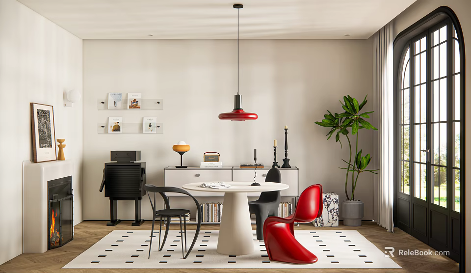 Modern Open Concept Restaurant Interior With Dining Table Red Chairs Pendant Light And Plant 3d model 