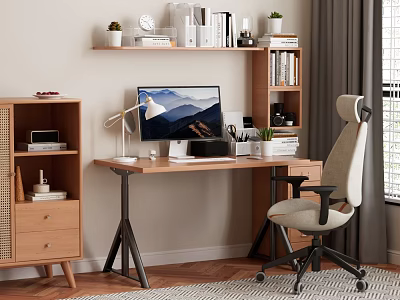 Wooden Home Office Desk With Computer Monitor Ergonomic Chair Desk Lamp And Bookshelf 3d model