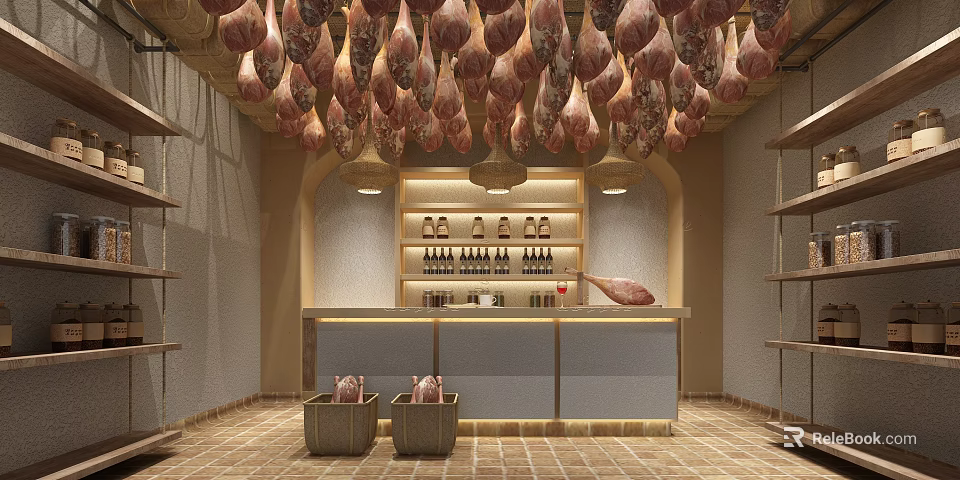 Traditional Catering Kitchen Area With Hanging Cured Hams Counter Shelves And Bottles Near Baskets 3d model 