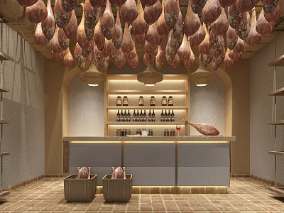 Traditional Catering Kitchen Area With Hanging Cured Hams Counter Shelves And Bottles Near Baskets 3d model