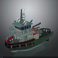 Green Tugboat With Cabin Deck Yellow Fenders And Marine Equipment For Water Transport