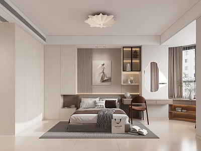 Modern Bedroom Interior With Petal Shaped Ceiling Light White Wardrobe Grey Rug And Wall Art 3d model