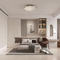 Modern Bedroom Interior With Petal Shaped Ceiling Light White Wardrobe Grey Rug And Wall Art