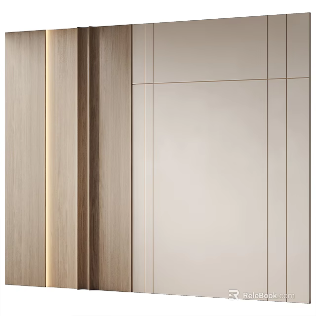 Elegant Modern Background Wall Design With Wooden Strips Beige Panels And Soft Lighting 3d model 