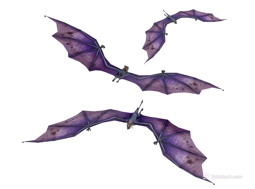 Three Purple Bats Soaring With Large Spread Wings In White Background 3d model 