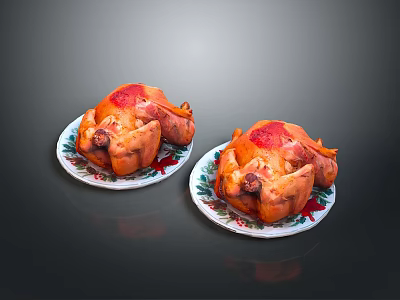 Two Golden Roast Chicken on Decorative Patterned Plates Against Dark Background 3d model