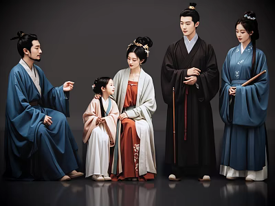 Many people 2D costume characters Song Dynasty family costume family costume family ancient family 3d model