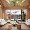 Elegant Living Room Interior With Wooden Ceiling Skylight Natural Light Sofa Coffee Table Open Space