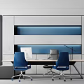 Modern Office Interior Design With Blue Walls Desk Chair And Potted Plant