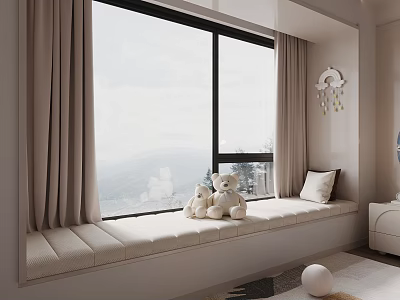 Cozy Window Seat With Stuffed Bears And Beige Curtains In Kids Room 3d model