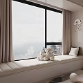 Cozy Window Seat With Stuffed Bears And Beige Curtains In Kids Room