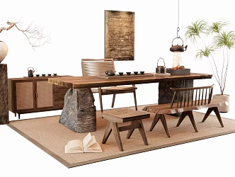 Quiet Style Tea Table and Chair Bench Leisure Chair Decoration Hanging Picture Entrance Cabinet Green Plant Potted Plant Vase Jewelry Ornaments Carpet 3d model