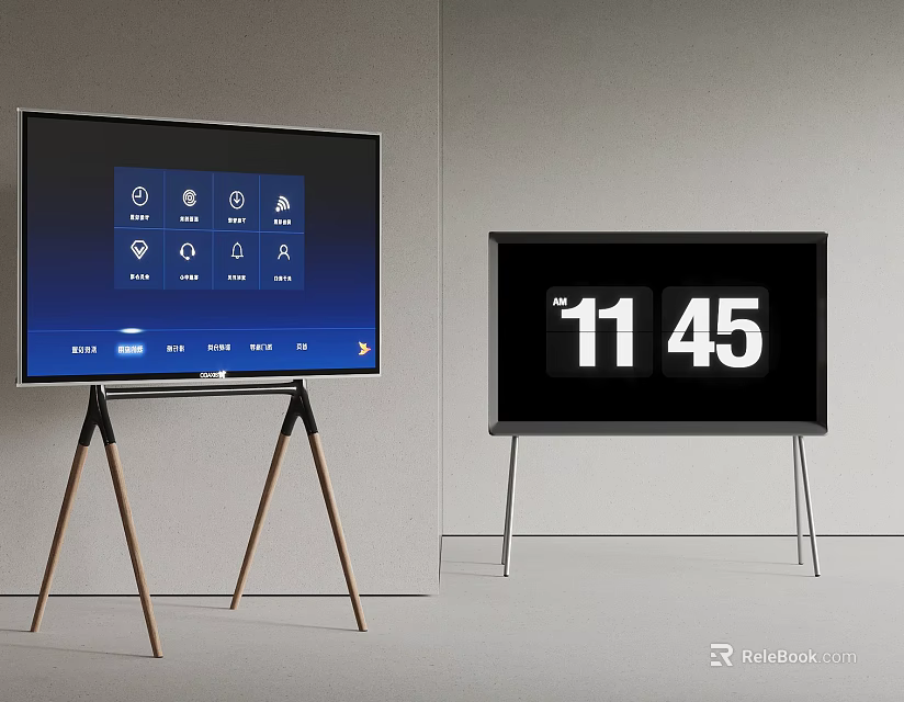 Modern Digital Displays With Icon Interface And Time Screen On Tripod Stands 3d model