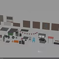 Diverse Scene Components Featuring Bricks Windows Doors Street Lamps Trolleys Tables Chairs and Ladders