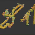 Yellow Industrial Pipes Complex Network With Elbows Valves Vertical Horizontal Connections 3d model