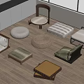 Stylish Low Seating Furniture Collection With Various Cushion Designs On Wooden Floor