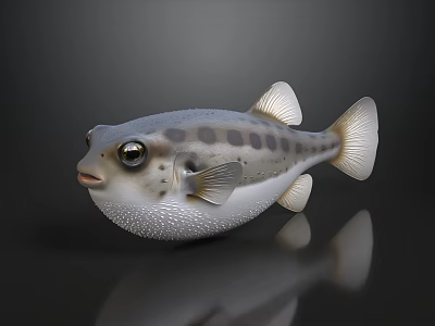 Realistic 3D Puffer Fish Model With Gray White Spots And Large Eyes On Dark Background 3d model