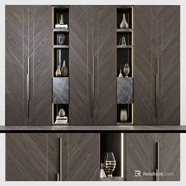 Modern Dark Wooden Decorative Cabinet With Marble Panels Display Shelves LED Lighting And Ornaments 3d model 